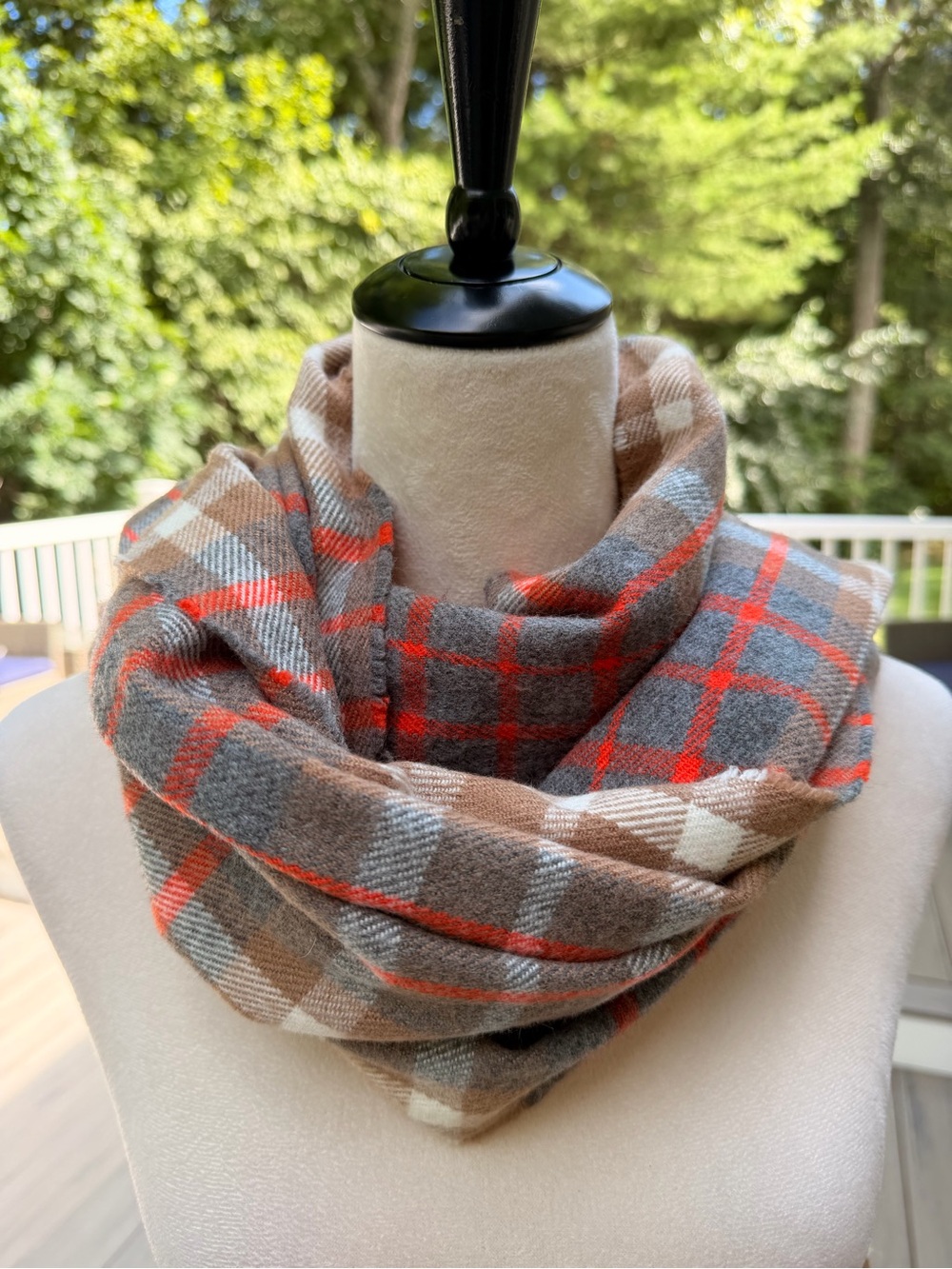 J. Crew Plaid 24x78 Rectangle Scarf Brown Gray Orange Fringe Soft Preppy